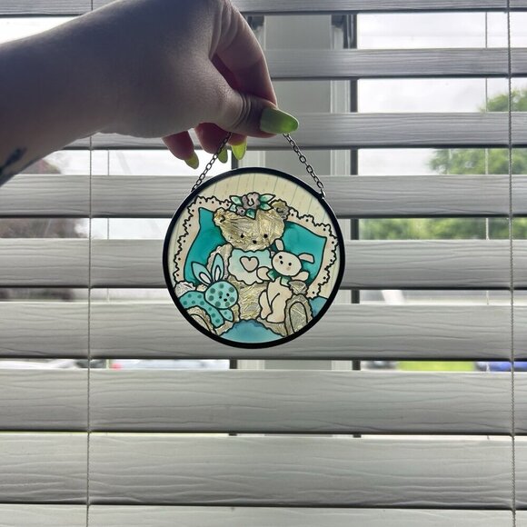 Joan Baker Designs Stained Glass Sun Catcher 3.5” Hand Painted Bear Bunnies Blue - Picture 1 of 6